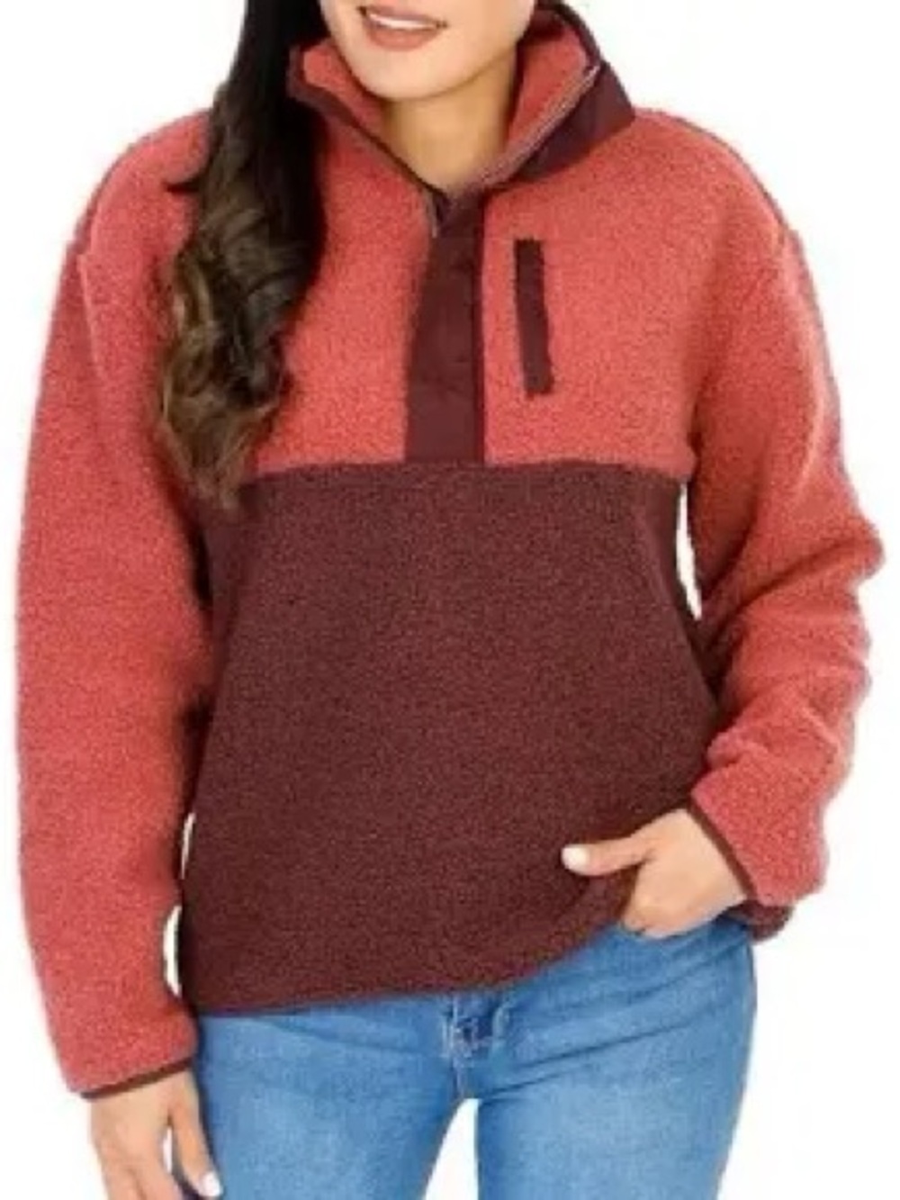 Avalanche Cozy Two-Tone Sherpa Pullover - Rust and Deep Burgundy